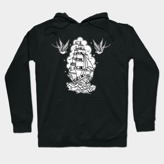 Distressed Traditional Tattoo Sailing Ship and Swallows Hoodie by Seven Relics